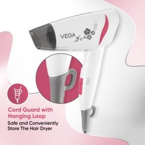 VEGA 1200-1400 Watts Go Style Foldable Hair Dryer for Women with Detachable Nozzle, Heat & Cool Setting, Quick Dry, Overheat Cut-Off, Suitable for All Hair Types, (VHDH-18), Blue