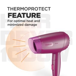 Havells 1000W Foldable Hair Dryer|Blow Dry for Men & Women|2 Temperature Settings|Travel Friendly|360° Radial Inlet| ThermoProtect Feature| HD1845